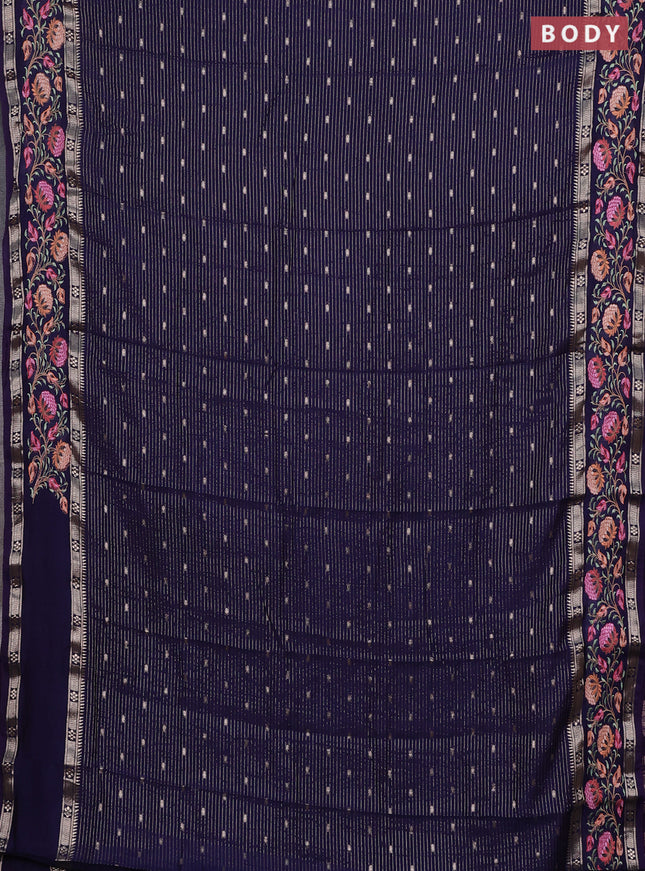 Semi chanderi saree blue with allover zari weaves & buttas and floral embroidery border