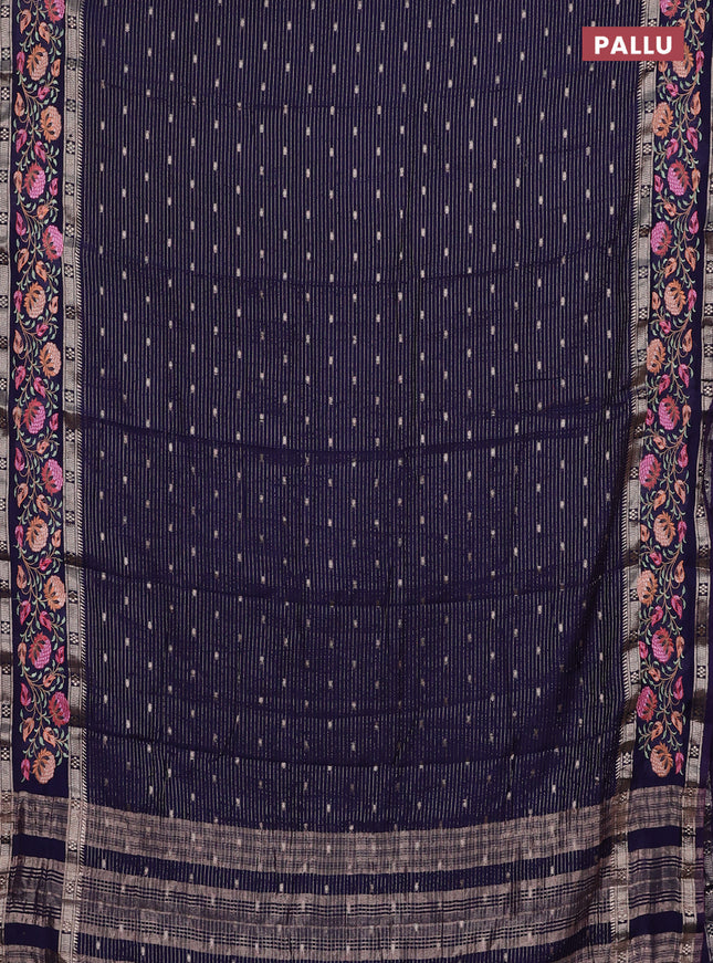 Semi chanderi saree blue with allover zari weaves & buttas and floral embroidery border