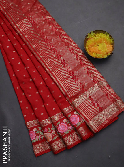 Semi chanderi saree red with zari woven buttas and floral embroidery border