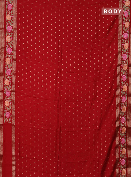 Semi chanderi saree red with zari woven buttas and floral embroidery border