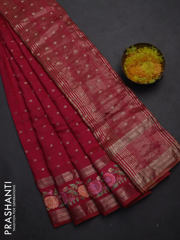 Semi chanderi saree pink with zari woven buttas and floral embroidery border