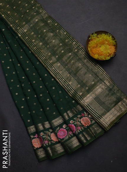 Semi chanderi saree green with zari woven buttas and floral embroidery border