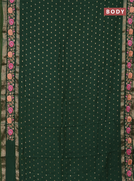 Semi chanderi saree green with zari woven buttas and floral embroidery border
