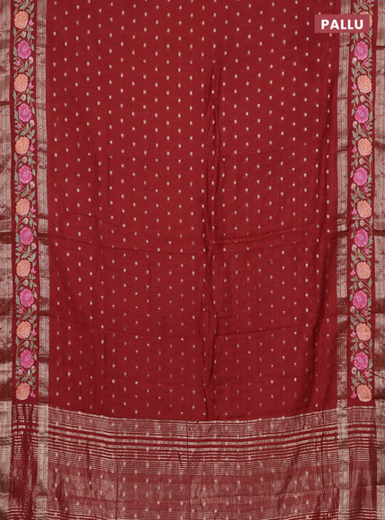 Semi chanderi saree rust shade with zari woven buttas and floral embroidery border