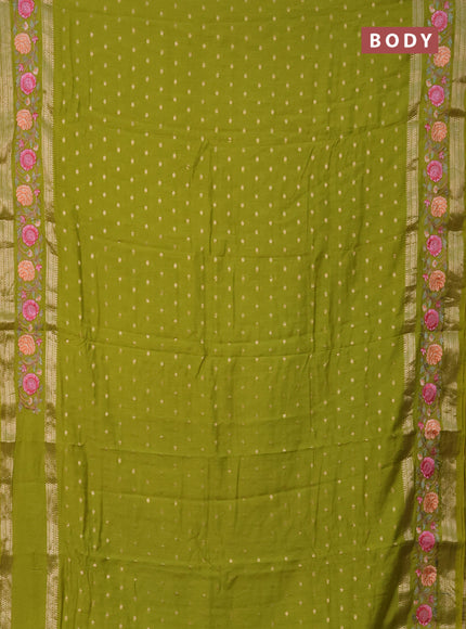 Semi chanderi saree light green with zari woven buttas and floral embroidery border