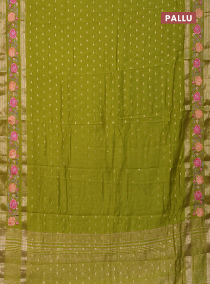 Semi chanderi saree light green with zari woven buttas and floral embroidery border