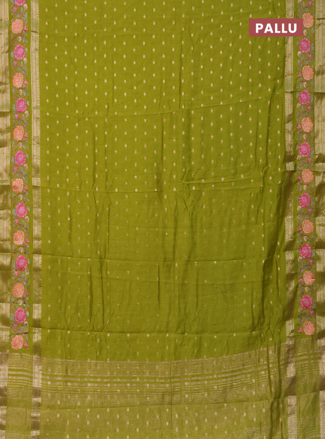 Semi chanderi saree light green with zari woven buttas and floral embroidery border