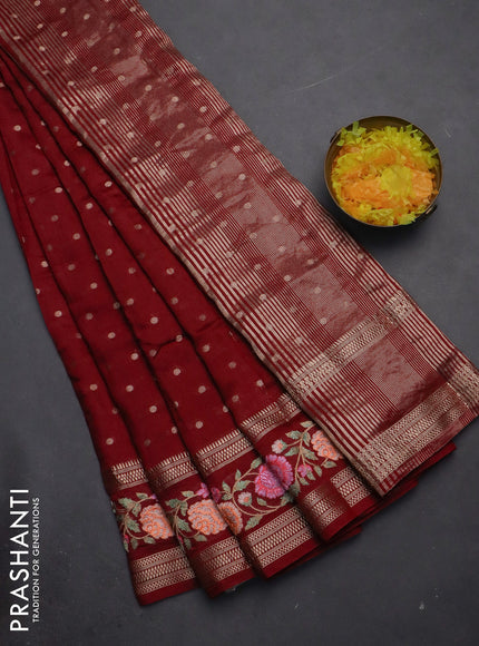 Semi chanderi saree maroon with zari woven buttas and floral embroidery border