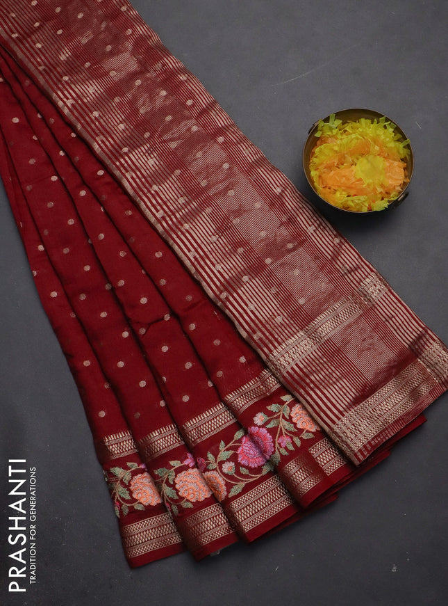Semi chanderi saree maroon with zari woven buttas and floral embroidery border