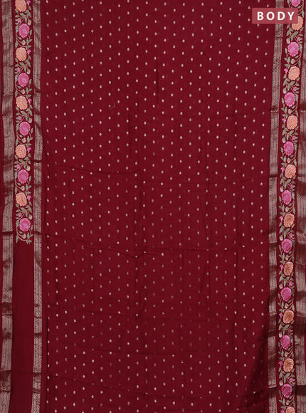 Semi chanderi saree maroon with zari woven buttas and floral embroidery border