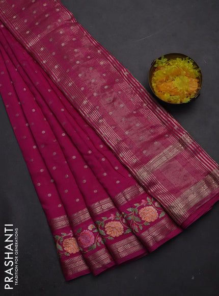 Semi chanderi saree pink with zari woven buttas and floral embroidery border