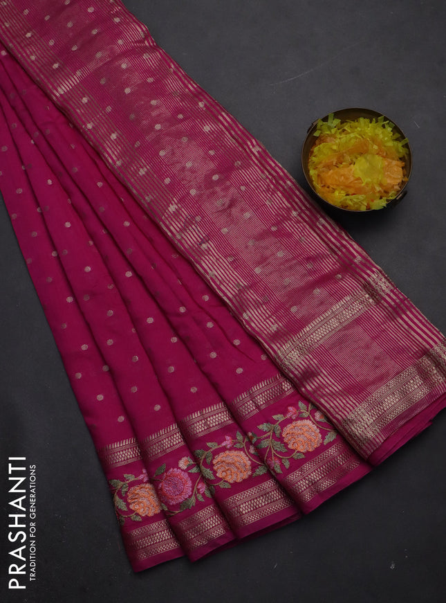 Semi chanderi saree pink with zari woven buttas and floral embroidery border