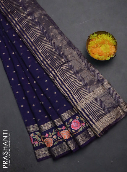 Semi chanderi saree navy blue with zari woven buttas and floral embroidery border