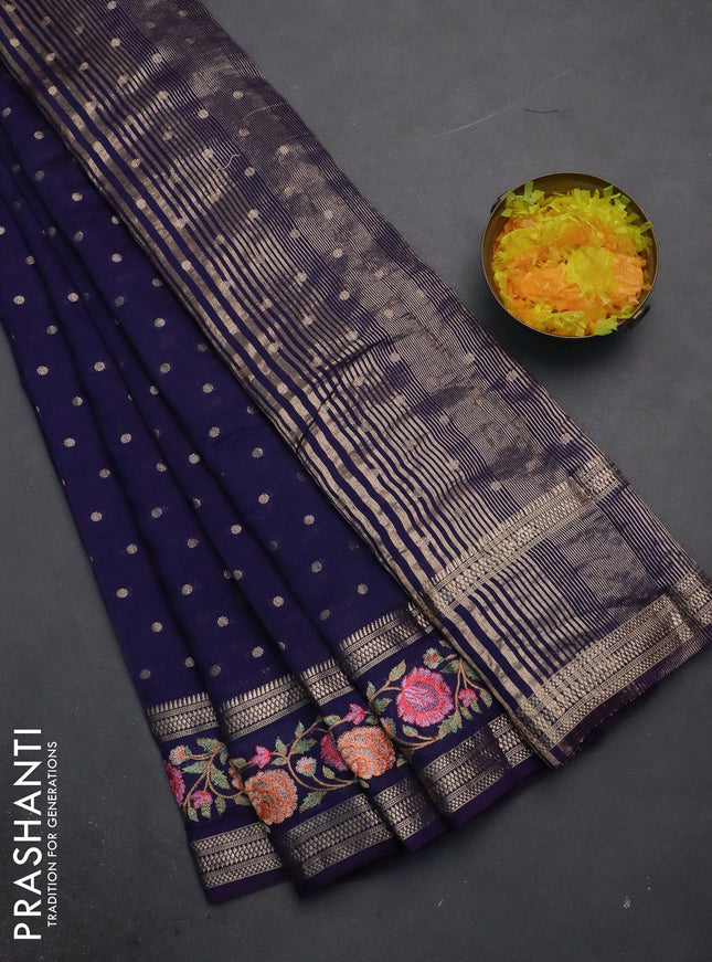 Semi chanderi saree navy blue with zari woven buttas and floral embroidery border