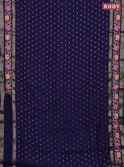 Semi chanderi saree navy blue with zari woven buttas and floral embroidery border