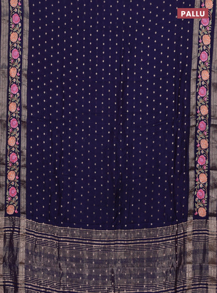 Semi chanderi saree navy blue with zari woven buttas and floral embroidery border