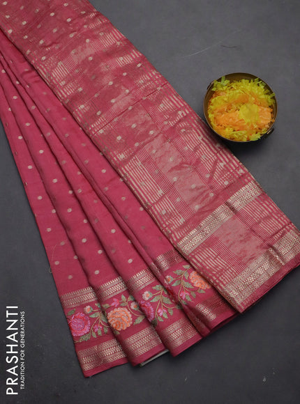Semi chanderi saree pink shade with zari woven buttas and floral embroidery border