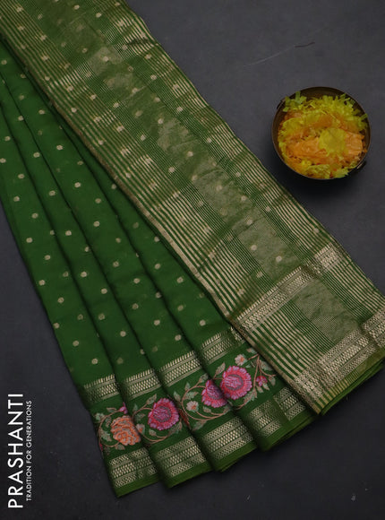 Semi chanderi saree green with zari woven buttas and floral embroidery border