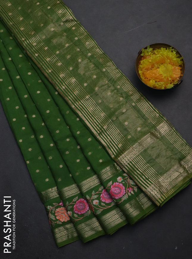 Semi chanderi saree green with zari woven buttas and floral embroidery border