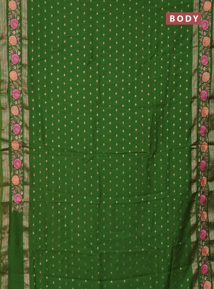 Semi chanderi saree green with zari woven buttas and floral embroidery border