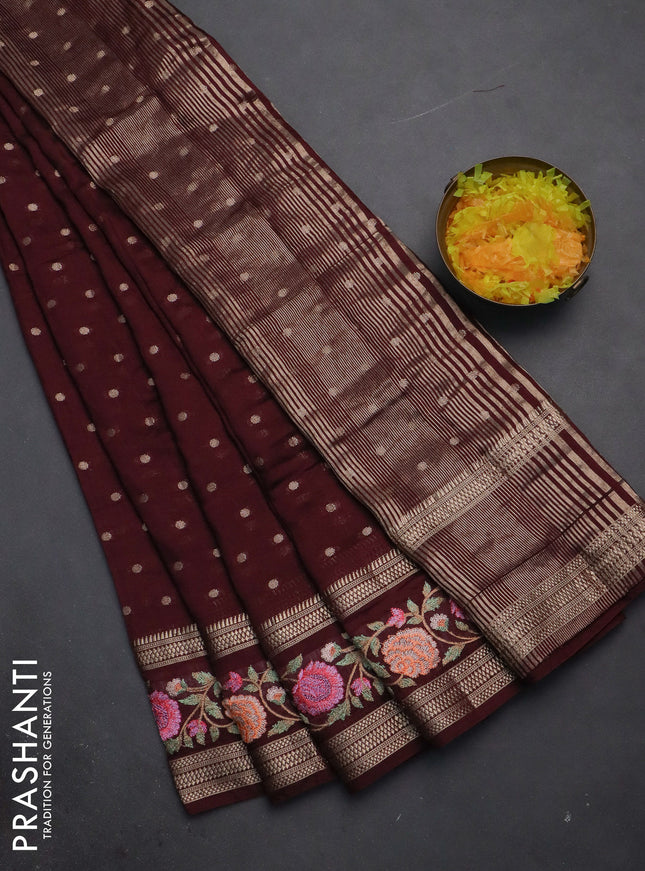 Semi chanderi saree maroon with zari woven buttas and floral embroidery border