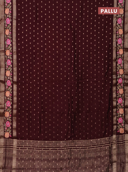 Semi chanderi saree maroon with zari woven buttas and floral embroidery border