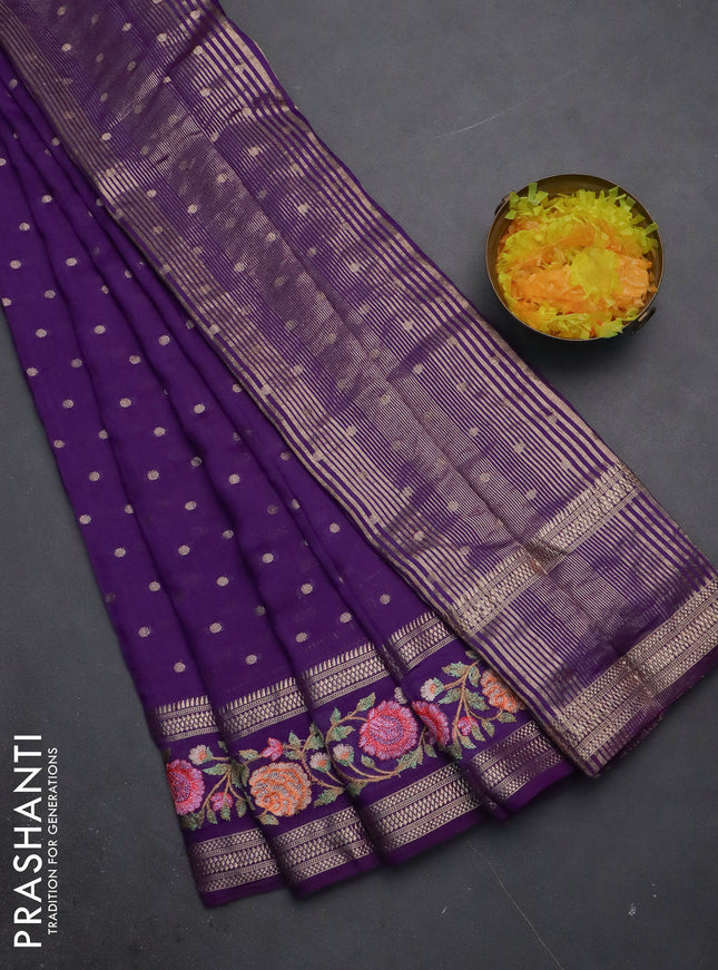 Semi chanderi saree violet with zari woven buttas and floral embroidery border