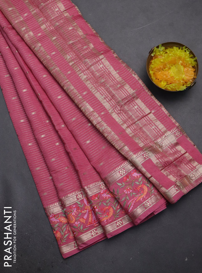Semi chanderi saree peach pink with allover zari weaves & buttas and embroidery border