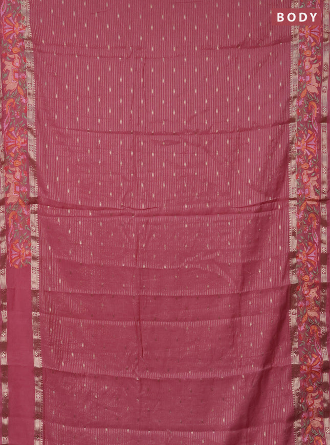 Semi chanderi saree peach pink with allover zari weaves & buttas and embroidery border