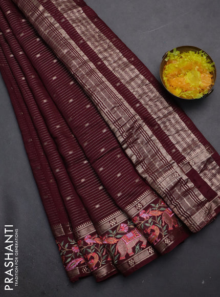 Semi chanderi saree maroon with allover zari weaves & buttas and embroidery border