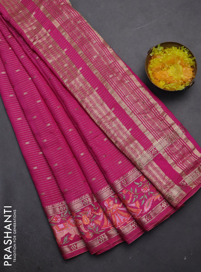 Semi chanderi saree pink with allover zari weaves & buttas and embroidery border