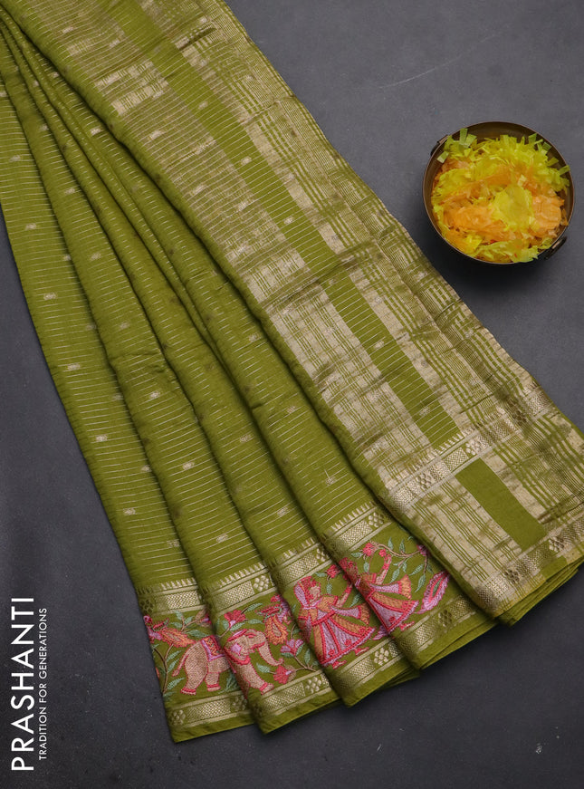 Semi chanderi saree mehendi green with allover zari weaves & buttas and embroidery border