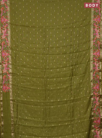Semi chanderi saree mehendi green with allover zari weaves & buttas and embroidery border
