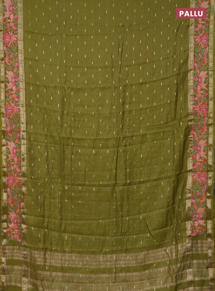 Semi chanderi saree mehendi green with allover zari weaves & buttas and embroidery border