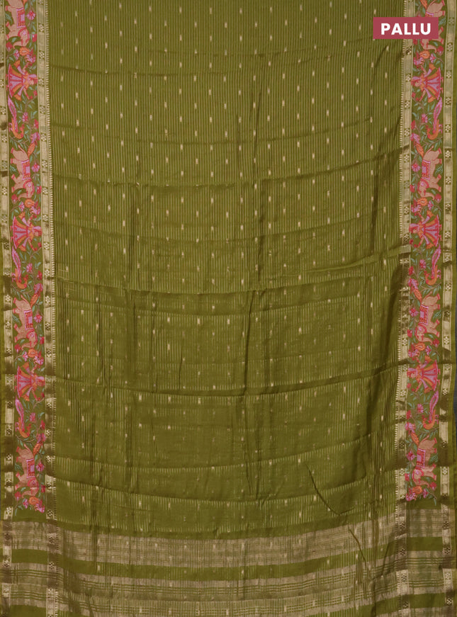 Semi chanderi saree mehendi green with allover zari weaves & buttas and embroidery border