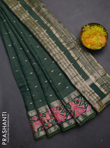 Semi chanderi saree green with allover zari weaves & buttas and embroidery border