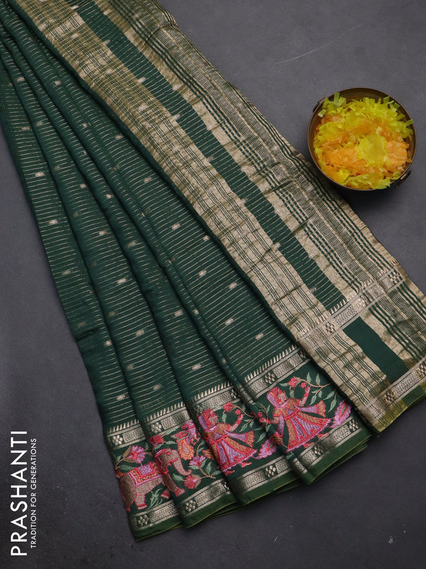 Semi chanderi saree green with allover zari weaves & buttas and embroidery border