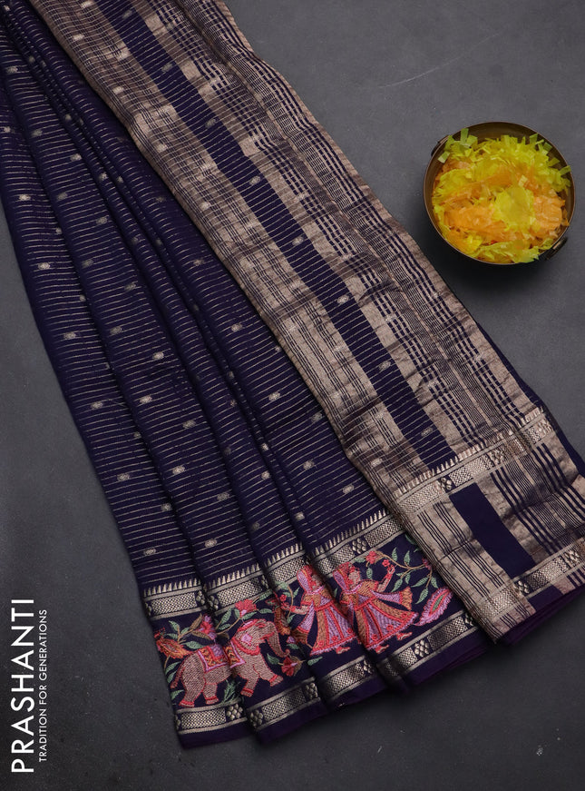 Semi chanderi saree blue with allover zari weaves & buttas and embroidery border