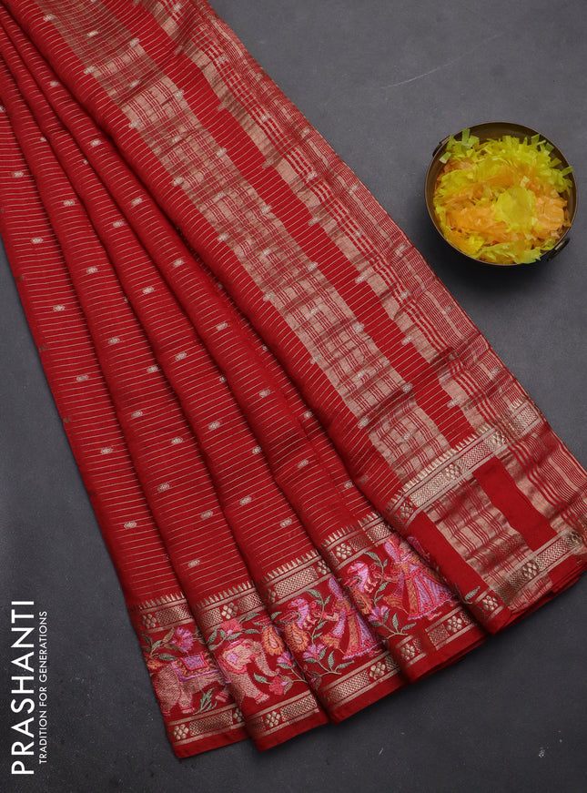 Semi chanderi saree red with allover zari weaves & buttas and embroidery border