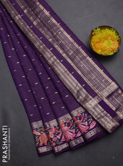 Semi chanderi saree violet with allover zari weaves & buttas and embroidery border