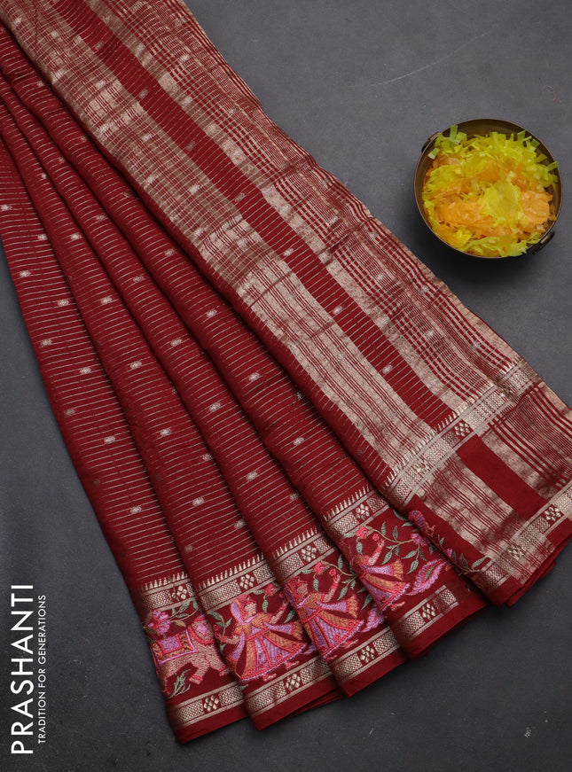 Semi chanderi saree maroon with allover zari weaves & buttas and embroidery border