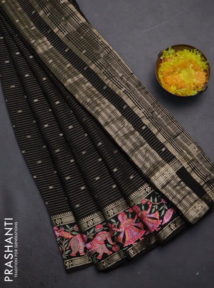 Semi chanderi saree black with allover zari weaves & buttas and embroidery border