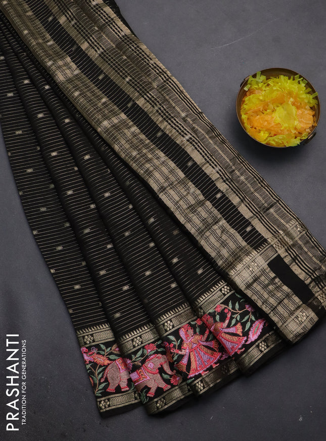 Semi chanderi saree black with allover zari weaves & buttas and embroidery border
