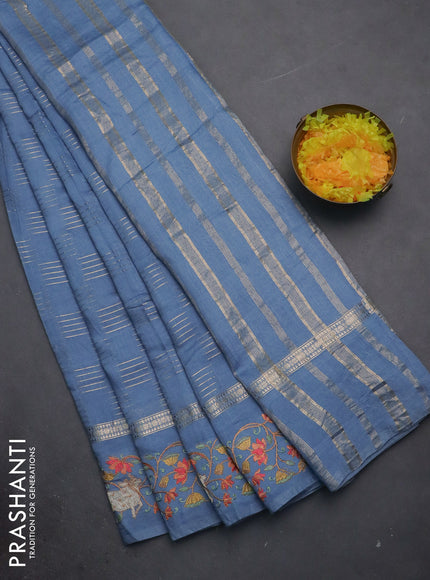 Semi chanderi saree pastel blue with allover zari woven geometric weaves and pichwai embroidery border