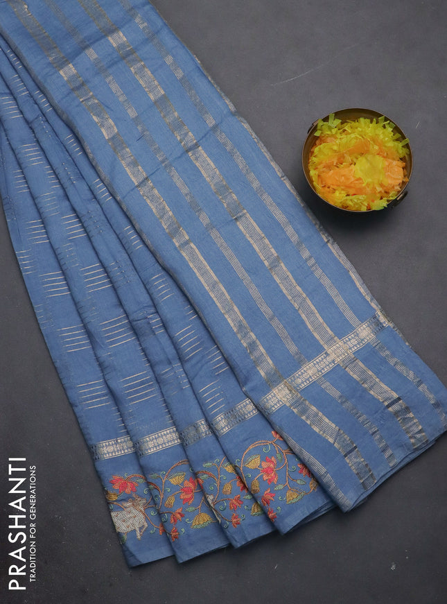 Semi chanderi saree pastel blue with allover zari woven geometric weaves and pichwai embroidery border