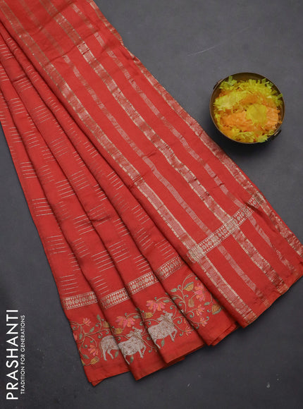 Semi chanderi saree orange with allover zari woven geometric weaves and pichwai embroidery border