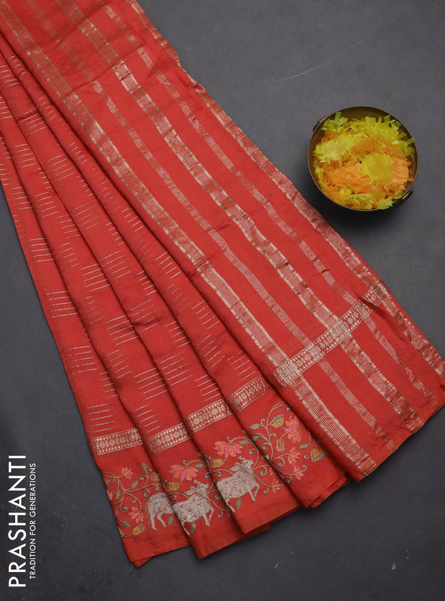 Semi chanderi saree orange with allover zari woven geometric weaves and pichwai embroidery border