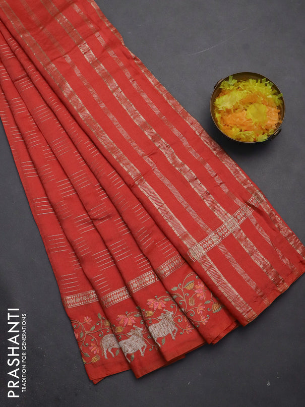 Semi chanderi saree orange with allover zari woven geometric weaves and pichwai embroidery border