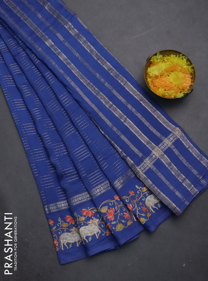 Semi chanderi saree blue with allover zari woven geometric weaves and pichwai embroidery border