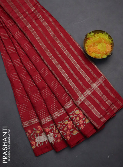 Semi chanderi saree maroon with allover zari woven geometric weaves and pichwai embroidery border